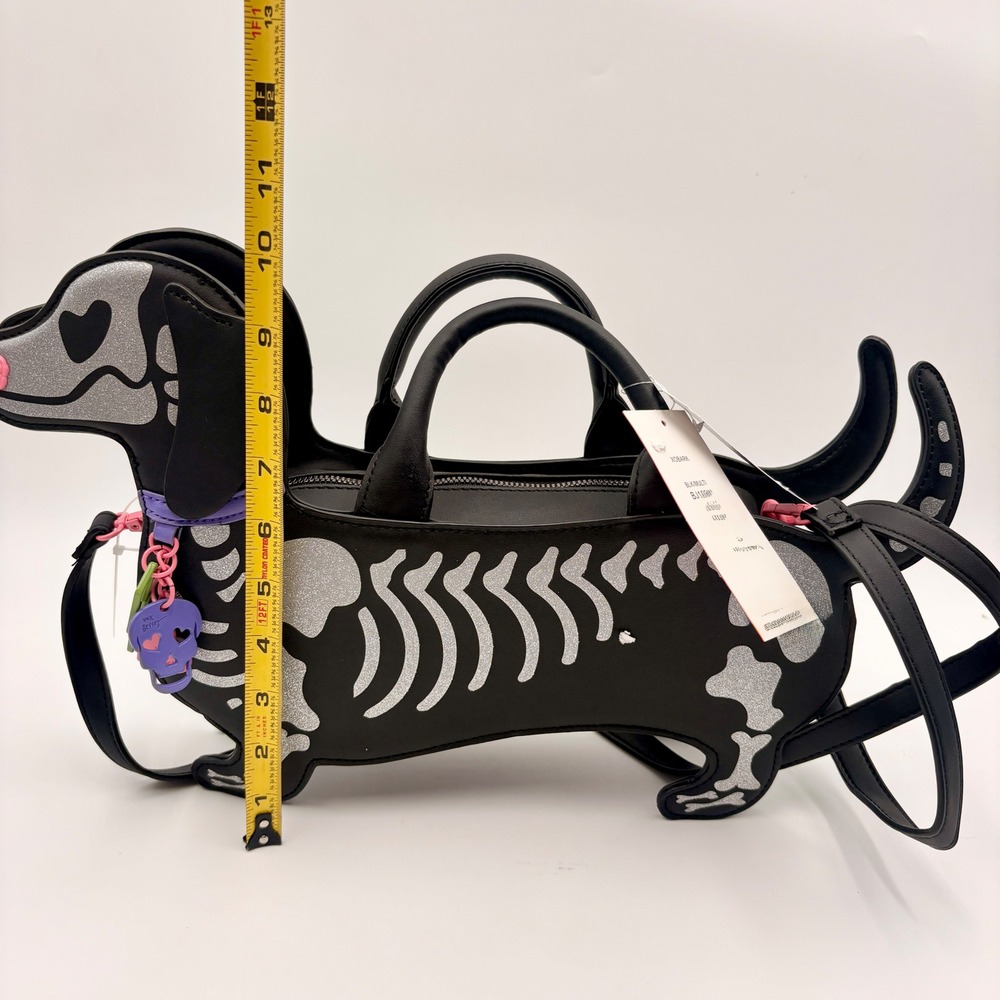 Betsey Johnson Halloween XOBARK Skeleton Dachshund Crossbody Bag Black Doxie Bag - Picture 7 of 14